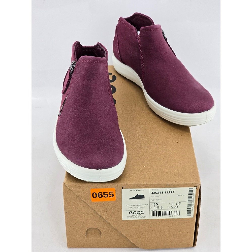 ECCO Soft 7 W Side Zip Bootie Womens 4-4.5 Dark Ruby Leather - New
